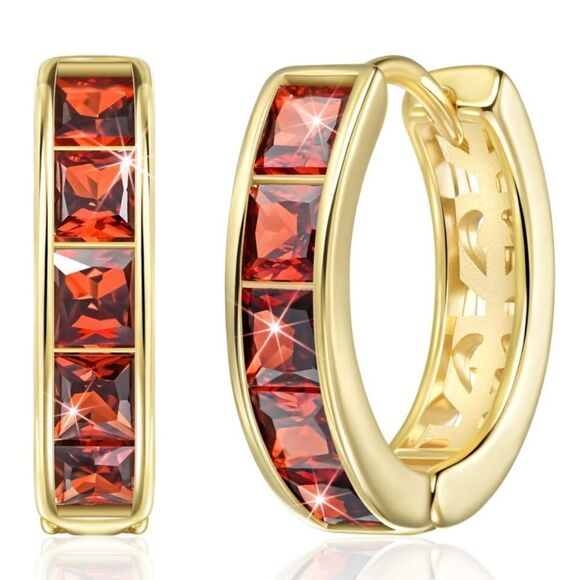 14K Yellow Gold with Red Garnet Cubic Zirconia Princess Cut Huggie Earrings - Picture 1 of 5